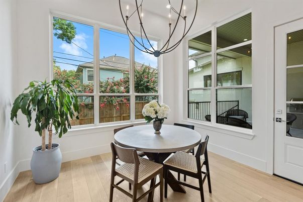 Dining room, Interior, Pendant Lights, Wood Texture Flooring