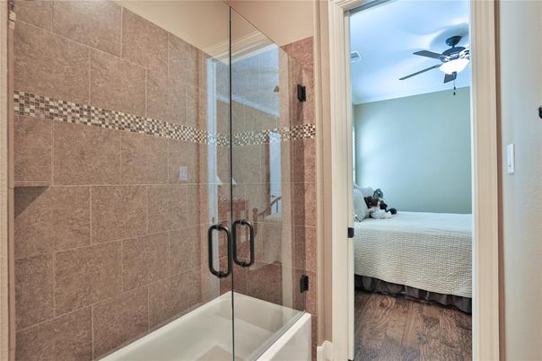 Bathroom, Bedroom, Glass Shower, Interior, Wood Texture Flooring