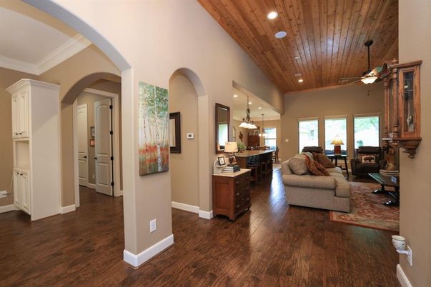 Interior, Kitchen, Living room, Pendant Lights, Recessed Lighting, Wooden Ceilings, Wood Texture Flooring