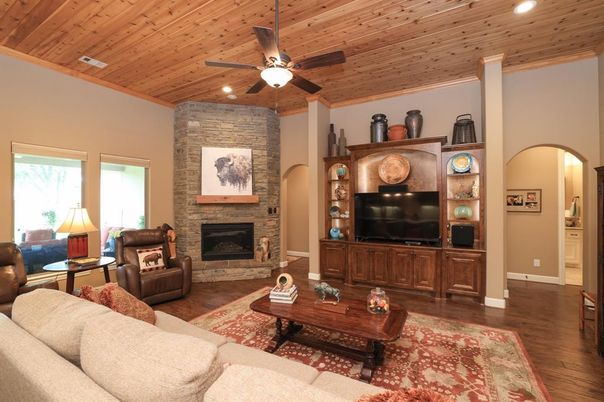 Fireplace, Interior, Living room, Recessed Lighting, Stone Walls, Wooden Ceilings, Wood Texture Flooring