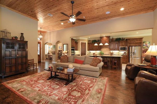 Interior, Kitchen, Living room, Pendant Lights, Recessed Lighting, Stainless Steel Appliances, Wooden Ceilings, Wood Texture Flooring