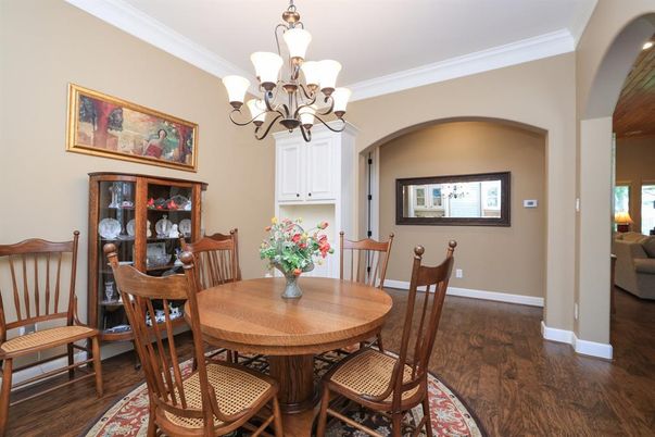 Chandelier, Dining room, Interior, Wood Texture Flooring