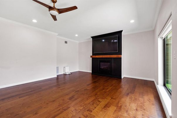 Empty room, Fireplace, Interior, Recessed Lighting, Wood Texture Flooring