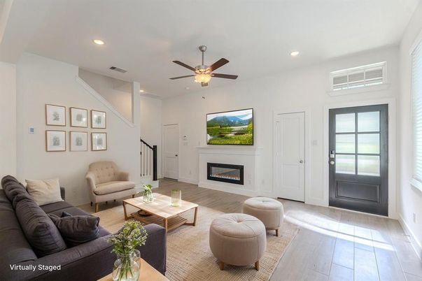 Fireplace, Interior, Living room, Recessed Lighting, Wood Texture Flooring