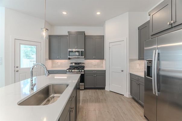 Interior, Kitchen, Pendant Lights, Recessed Lighting, Stainless Steel Appliances, Wood Texture Flooring