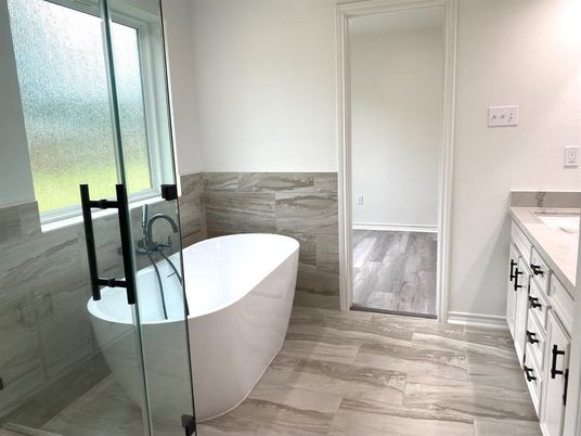 Bathroom, Free Standing Baths, Interior, Marble Walls, Wood Texture Flooring