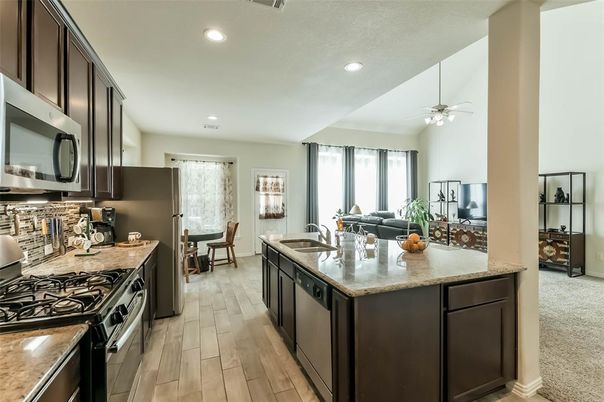 Dining room, Interior, Kitchen, Recessed Lighting, Wood Texture Flooring
