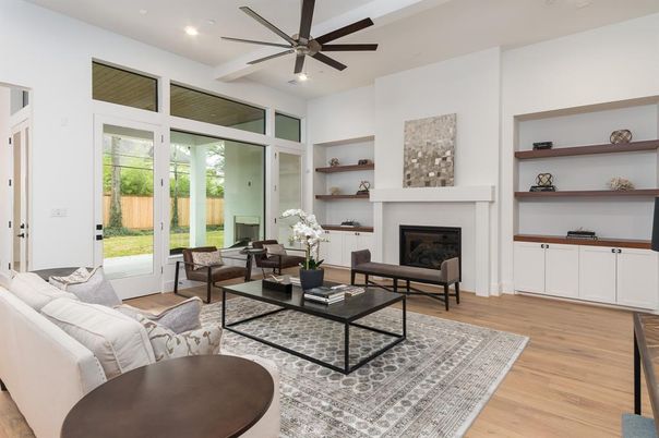 Fireplace, Interior, Living room, Recessed Lighting, Wood Texture Flooring
