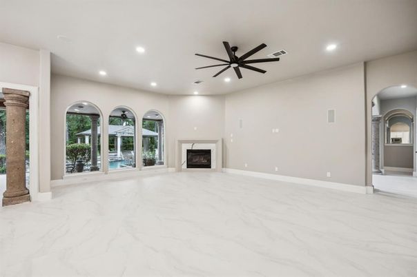 Empty room, Fireplace, Interior, Marble, Pendant Lights, Recessed Lighting