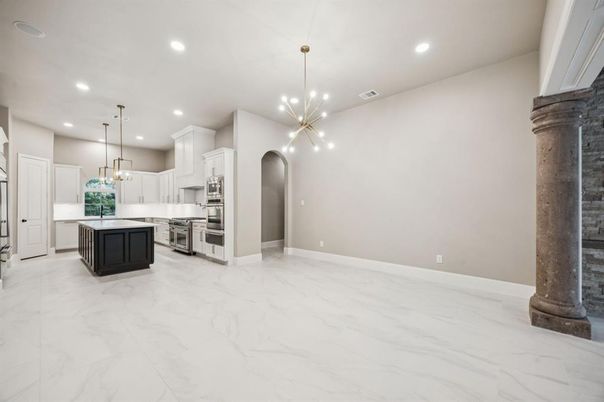 Interior, Kitchen, Marble, Pendant Lights, Recessed Lighting, Stainless Steel Appliances