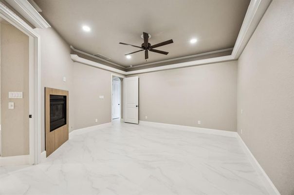 Empty room, Fireplace, Interior, Marble, Recessed Lighting