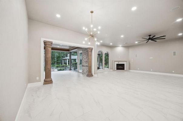 Empty room, Fireplace, Interior, Marble, Pendant Lights, Recessed Lighting