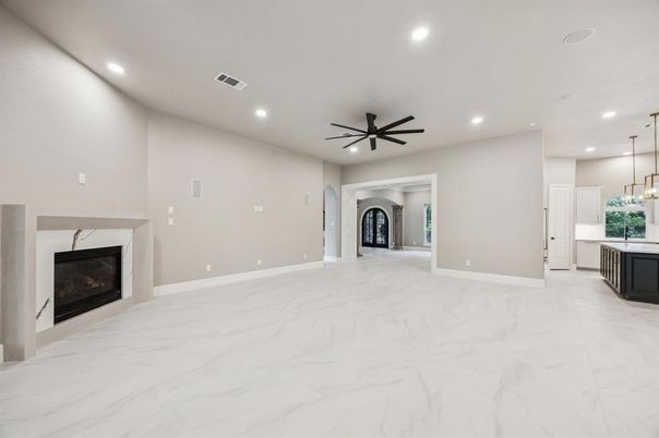 Empty room, Fireplace, Interior, Kitchen, Marble, Pendant Lights, Recessed Lighting