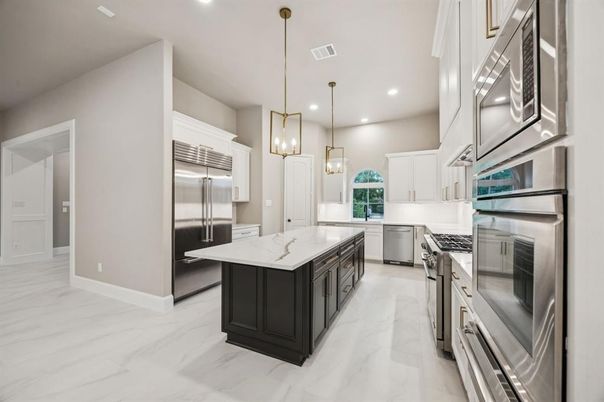 Interior, Kitchen, Marble, Pendant Lights, Recessed Lighting, Stainless Steel Appliances