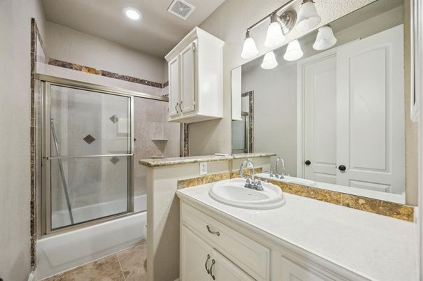 Bathroom, Glass Shower, Interior, Recessed Lighting, Tile Countertops