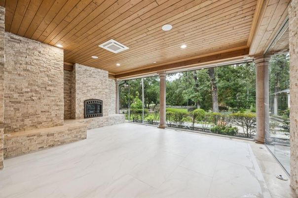Empty room, Fireplace, Interior, Marble, Recessed Lighting, Stone Walls, Wooden Ceilings