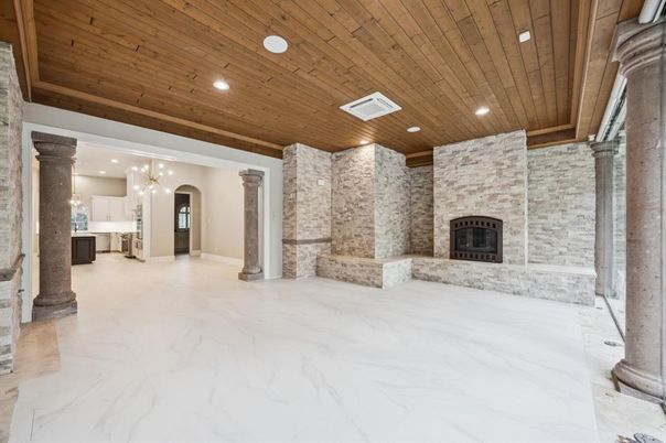 Empty room, Fireplace, Interior, Kitchen, Marble, Pendant Lights, Recessed Lighting, Stone Walls, Wooden Ceilings