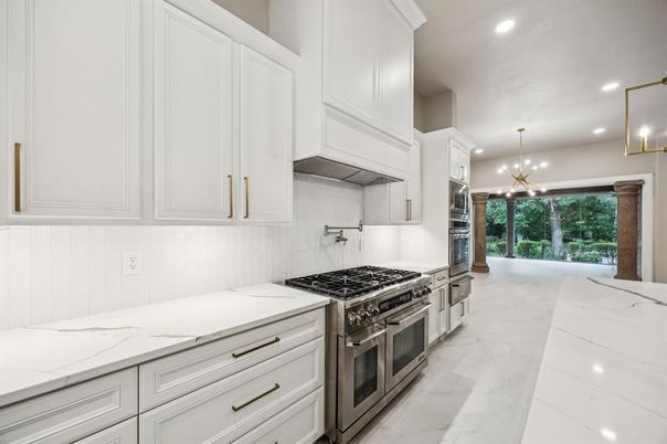 Interior, Kitchen, Marble, Pendant Lights, Recessed Lighting, Stainless Steel Appliances