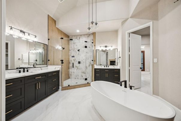 Bathroom, Dual Sink Vanities, Free Standing Baths, Glass Shower, Interior, Marble, Marble Walls, Pendant Lights, Recessed Lighting