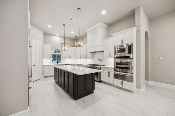 Interior, Kitchen, Marble, Pendant Lights, Recessed Lighting, Stainless Steel Appliances