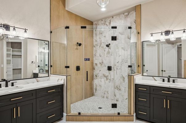 Bathroom, Dual Sink Vanities, Glass Shower, Interior, Marble Walls, Recessed Lighting
