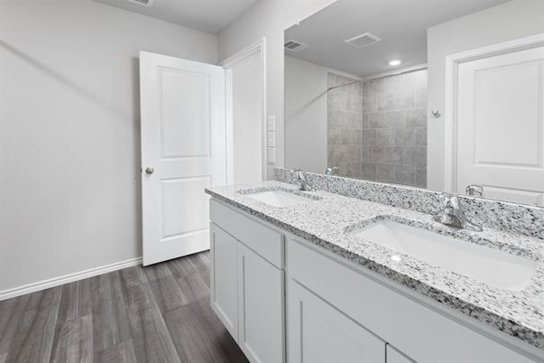 Bathroom, Dual Sink Vanities, Interior, Recessed Lighting, Wood Texture Flooring