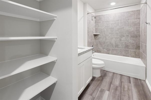 Bathroom, Interior, Recessed Lighting, Wood Texture Flooring