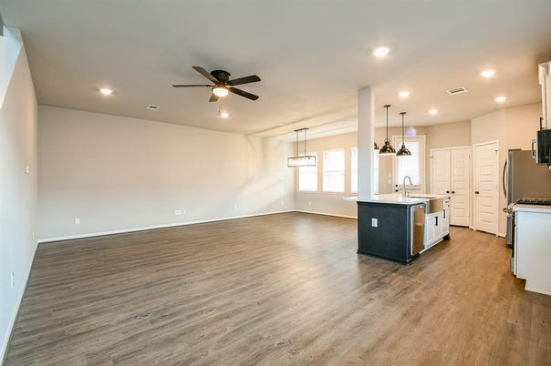 Empty room, Interior, Kitchen, Pendant Lights, Recessed Lighting, Wood Texture Flooring