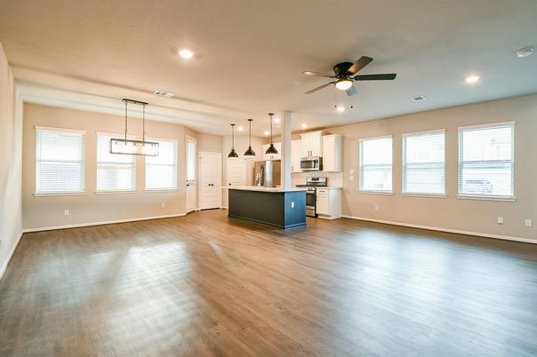 Empty room, Interior, Kitchen, Pendant Lights, Recessed Lighting, Wood Texture Flooring