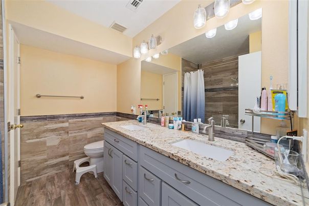 Bathroom, Dual Sink Vanities, Interior, Wood Texture Flooring