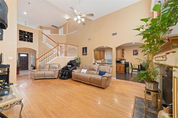 Fireplace, Interior, Kitchen, Living room, Recessed Lighting, Wood Texture Flooring