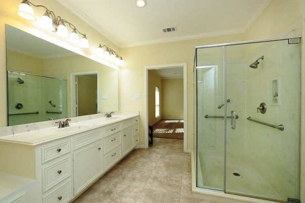 Bathroom, Dual Sink Vanities, Glass Shower, Interior, Recessed Lighting