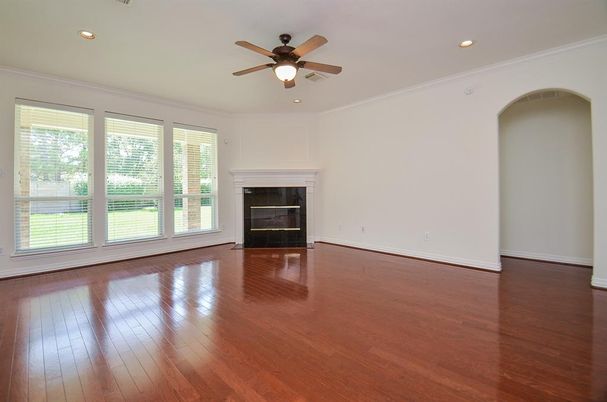 Empty room, Fireplace, Interior, Recessed Lighting, Wood Texture Flooring