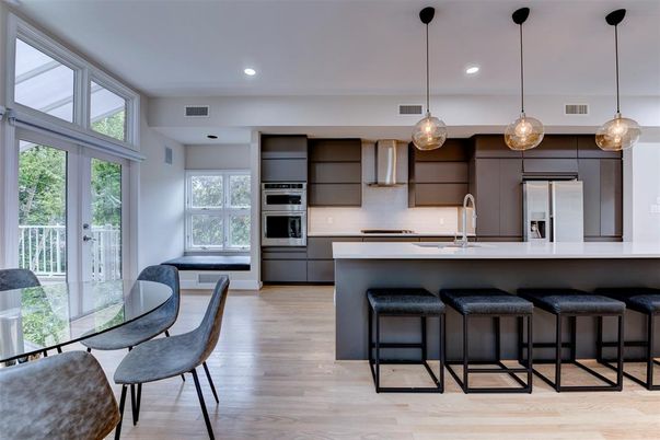 Dining room, Interior, Kitchen, Pendant Lights, Recessed Lighting, Stainless Steel Appliances, Wood Texture Flooring