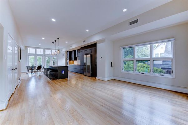 Dining room, Interior, Kitchen, Pendant Lights, Recessed Lighting, Stainless Steel Appliances, Wood Texture Flooring
