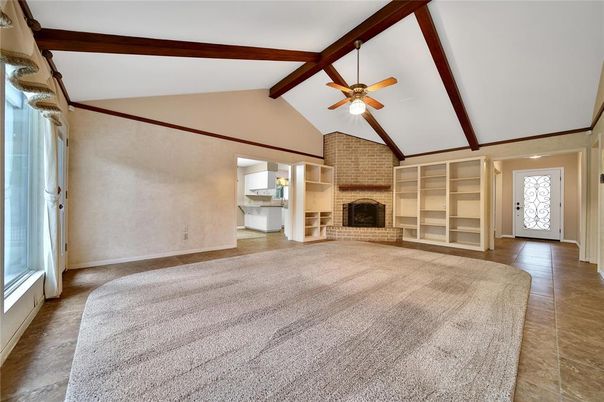 Empty room, Fireplace, Interior, Stone Walls, Wooden Beams