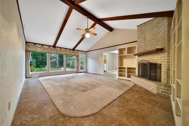 Empty room, Fireplace, Interior, Stone Walls, Wooden Beams