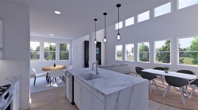 Dining room, Interior, Kitchen, Pendant Lights, Recessed Lighting, Wood Texture Flooring