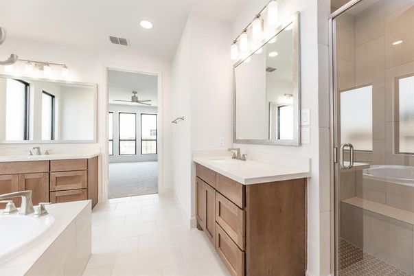 Bathroom, Dual Sink Vanities, Glass Shower, Interior, Recessed Lighting
