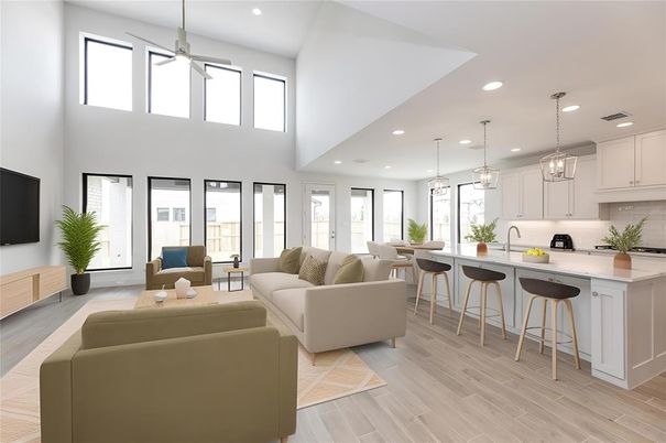 Dining room, Interior, Kitchen, Living room, Pendant Lights, Recessed Lighting, Wood Texture Flooring
