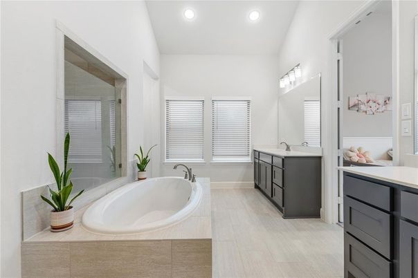 Bathroom, Dual Sink Vanities, Interior, Recessed Lighting, Wood Texture Flooring