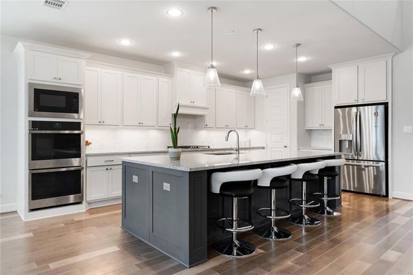 Interior, Kitchen, Pendant Lights, Recessed Lighting, Stainless Steel Appliances, Wood Texture Flooring