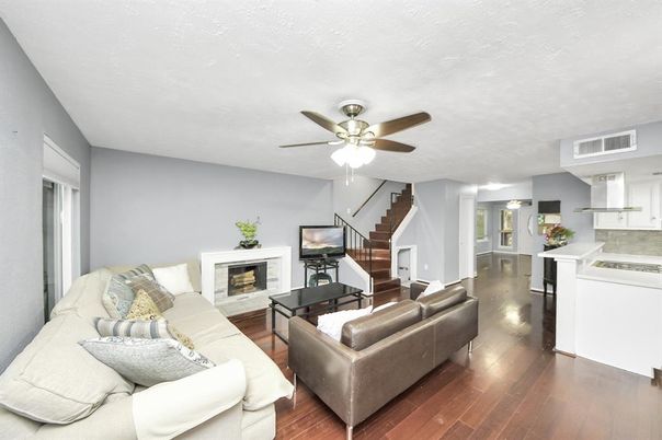 Fireplace, Interior, Kitchen, Living room, Wood Texture Flooring