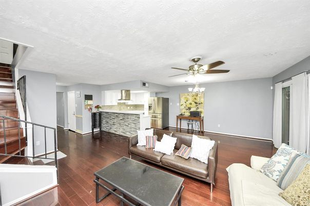 Interior, Kitchen, Living room, Stainless Steel Appliances, Wood Texture Flooring