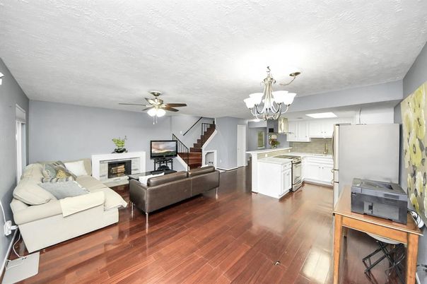 Chandelier, Fireplace, Interior, Kitchen, Living room, Wood Texture Flooring
