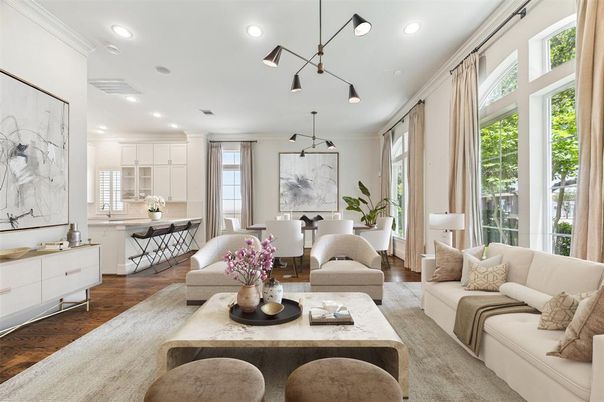 Dining room, Interior, Living room, Pendant Lights, Recessed Lighting, Wood Texture Flooring