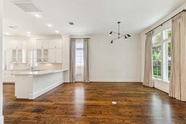 Empty room, Interior, Kitchen, Pendant Lights, Recessed Lighting, Wood Texture Flooring