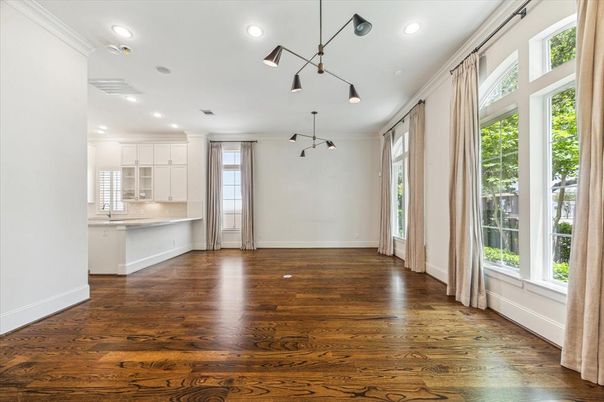 Empty room, Interior, Pendant Lights, Recessed Lighting, Wood Texture Flooring