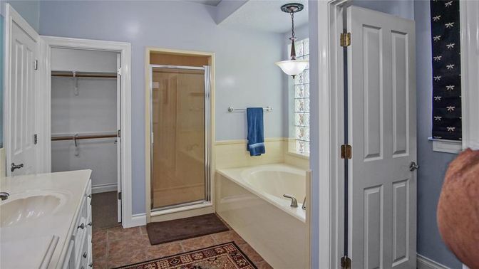 Bathroom, Dual Sink Vanities, Glass Shower, Interior, Pendant Lights