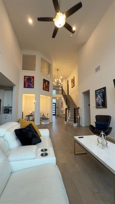 Chandelier, Interior, Kitchen, Living room, Recessed Lighting, Wood Texture Flooring